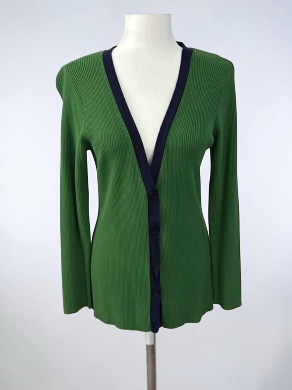Isaac Mizrahi Kelly Green/Navy Ribbed Colorblock Ribbed V-Neck Knit Cardigan Med